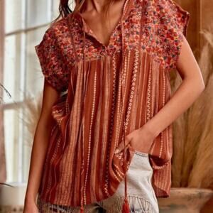Savanna Jane Rust Embroidered Striped Bella Epice Blouse S
